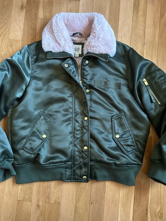 GAP Jackets & Blazers - GAP Olive Satin Bomber Jacket with Pink Faux Shearling Collar